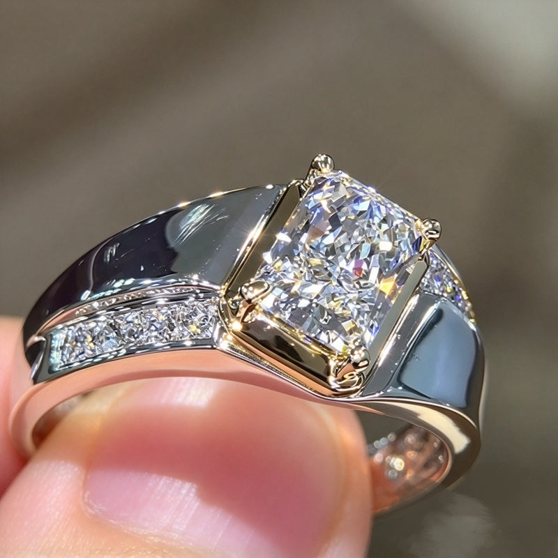 Jzora Handmade Modern Geometric Radiant-Cut Moissanite Bezel Set Men's Ring