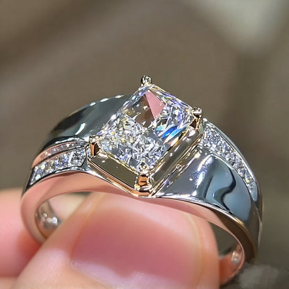 Jzora Handmade Modern Geometric Radiant-Cut Moissanite Bezel Set Men's Ring