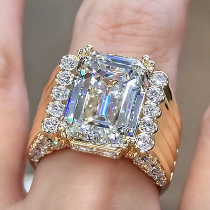 Jzora Handmade Geometric Halo Emerald Cut Moissanite Men's Ring