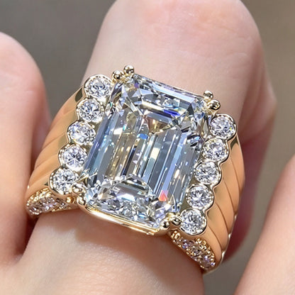Jzora Handmade Geometric Halo Emerald Cut Moissanite Men's Ring