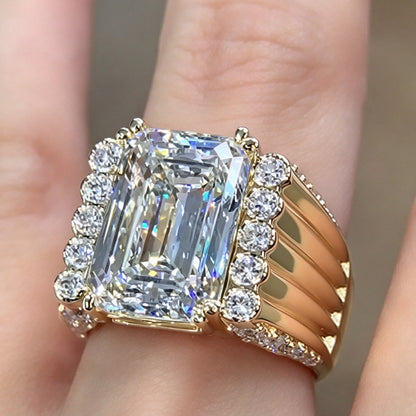 Jzora Handmade Geometric Halo Emerald Cut Moissanite Men's Ring
