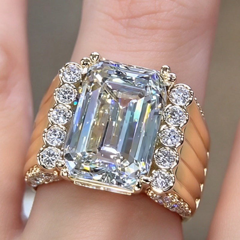 Jzora Handmade Geometric Halo Emerald Cut Moissanite Men's Ring