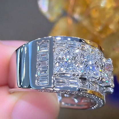 Jzora Handmade Princess Cut and Baguette Multi-Stone Men's Wide Band Ring