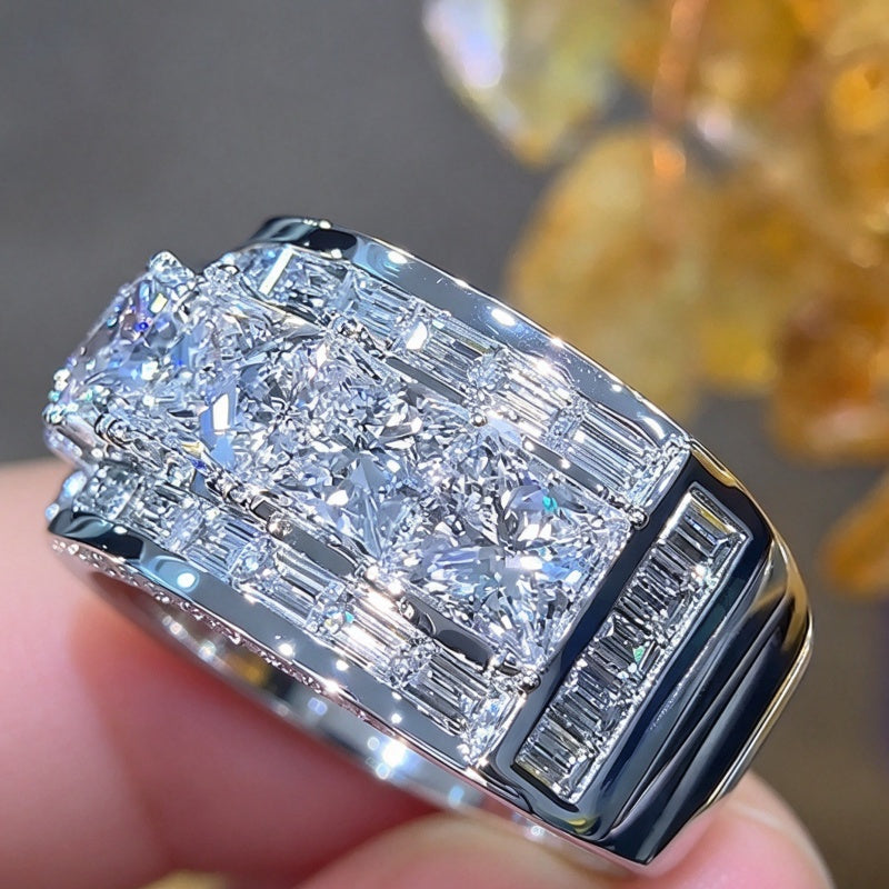 Jzora Handmade Princess Cut and Baguette Multi-Stone Men's Wide Band Ring