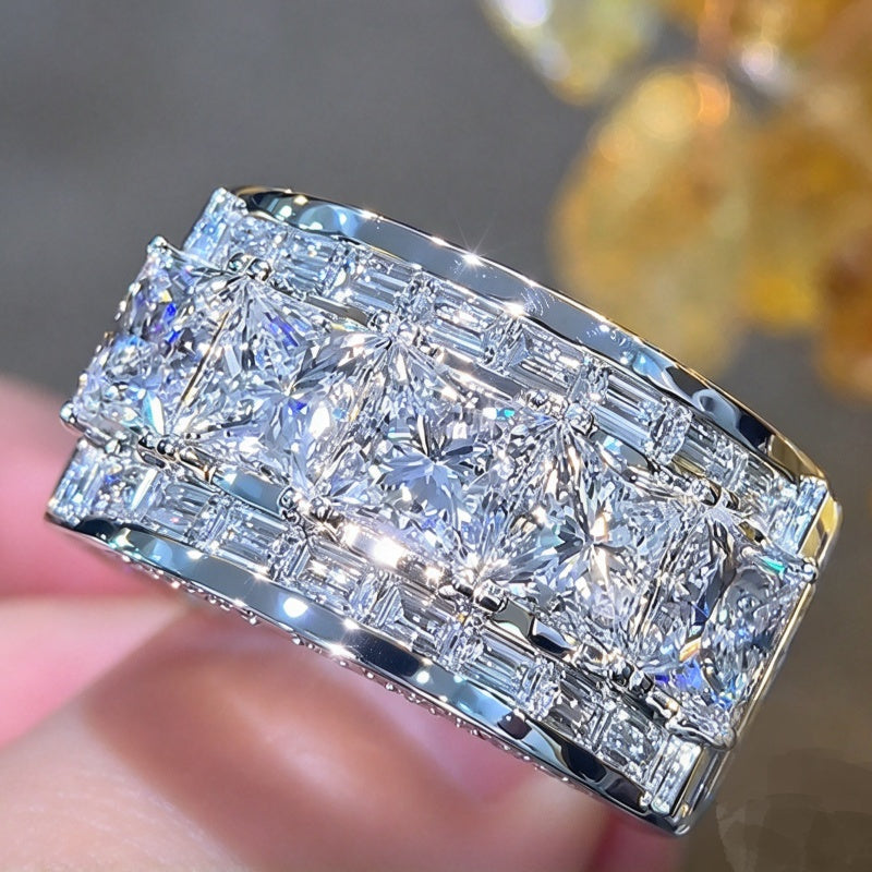Jzora Handmade Princess Cut and Baguette Multi-Stone Men's Wide Band Ring