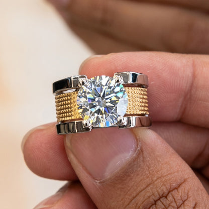 Jzora Handmade Luxury Textured Two‑Tone Moissanite Solitaire Men’s Wide Band Ring