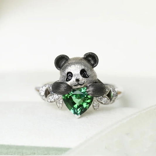 Jzora handmade green heart cut Panda lovely sterling silver ring