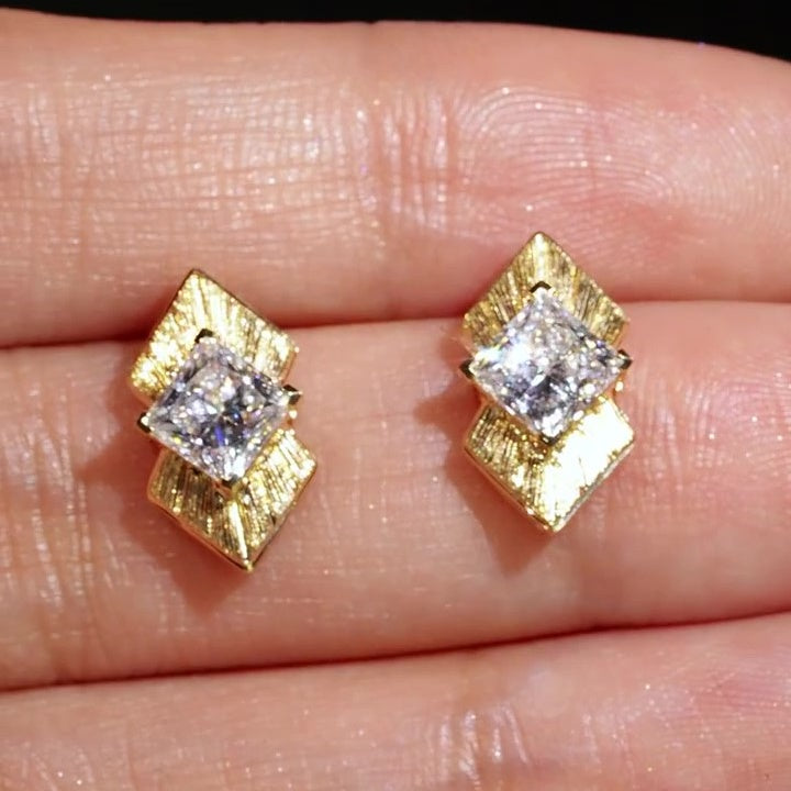 Jzora Handmade Textured Gold Princess Cut Moissanite Stylish Earrings