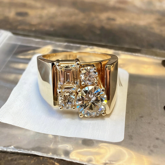 Jzora Handmade Vintage Round and Emerald Cut Men's Wide Band Ring