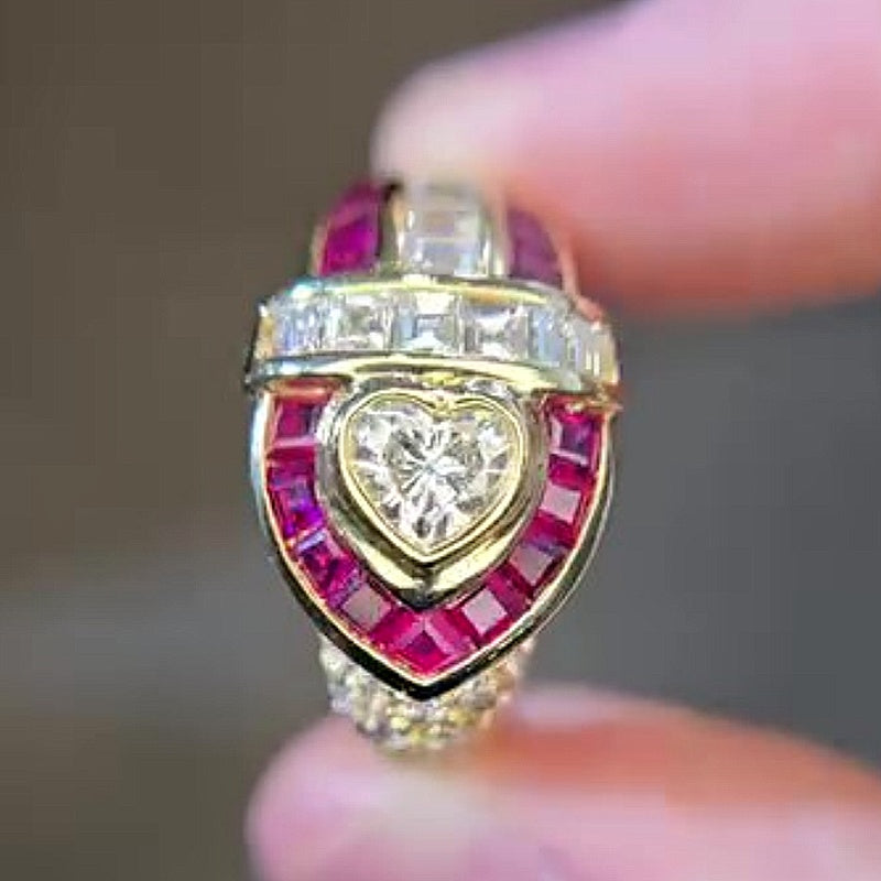 Jzora handmade 0.5ct vintage ruby-inlaid heart center halo glamorous ring
