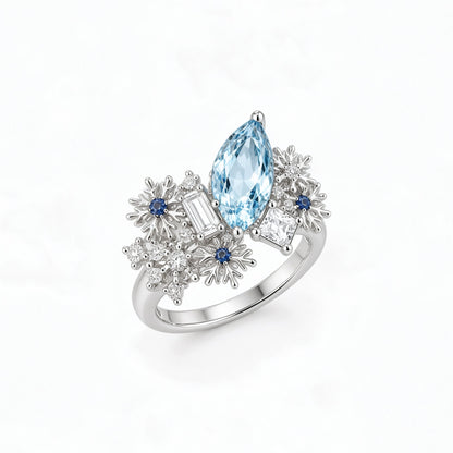 Jzora Handmade Aquamarine Marquise Cut Snowflake Floral Women’s Fashion Ring