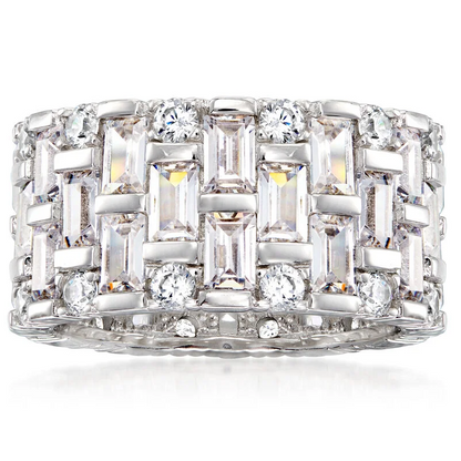 Jzora handmade 5.50ct emerald & round CZ eternity sterling silver women's band ring