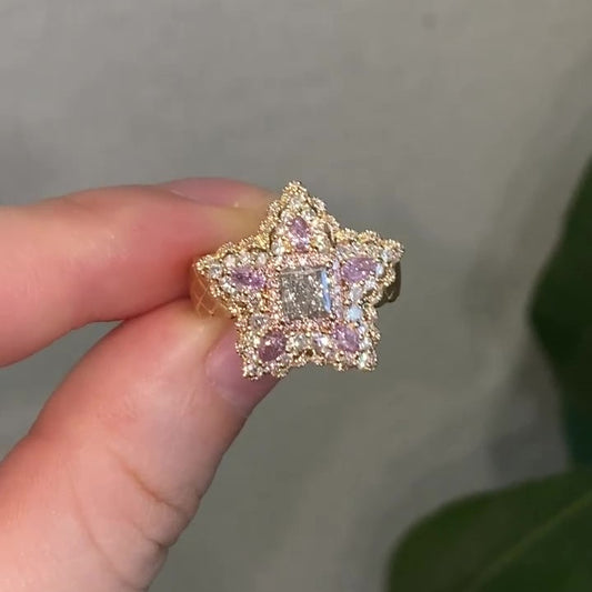 Jzora handmade luxury star design pink & white CZ sterling silver ring