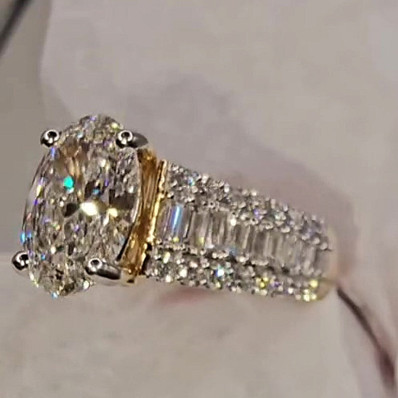 Jzora handmade classic 4ct oval cut baguette pavé sparkling ring