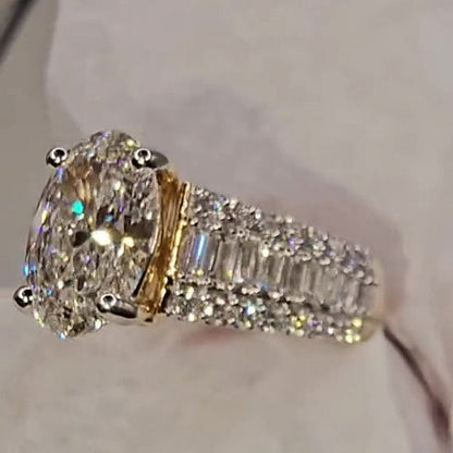 Jzora handmade classic 4ct oval cut baguette pavé sparkling ring