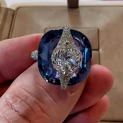 Jzora handmade bold & chic cushion sapphire blue statement ring