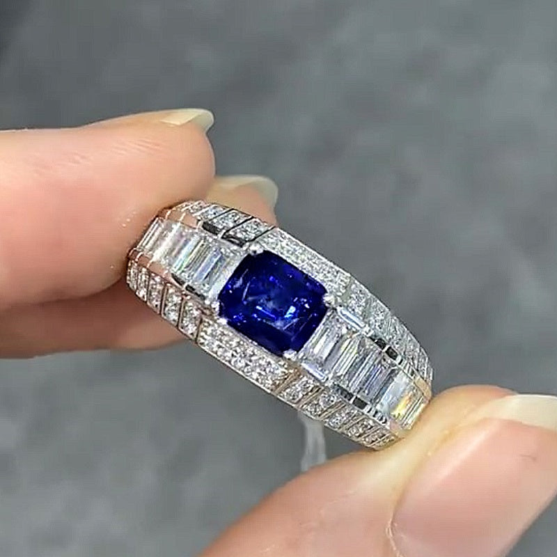 Jzora handmade luxury blue sapphire radiant cut  baguette halo men’s ring