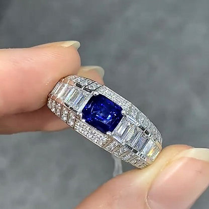 Jzora handmade luxury blue sapphire radiant cut  baguette halo men’s ring