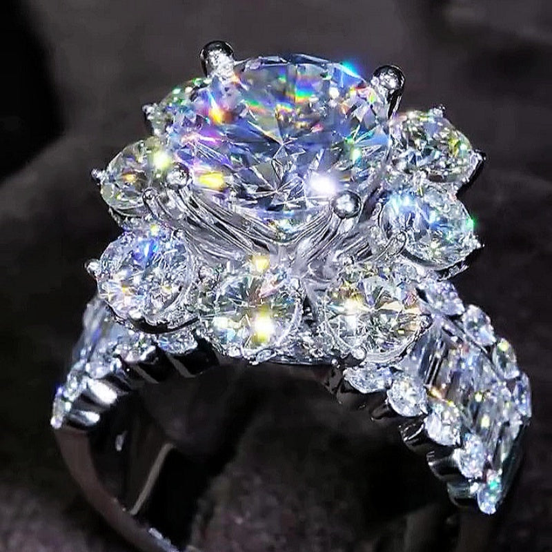 Jzora handmade exquisite round brilliant gemstone cluster halo sparkle sterling silver cocktail ring