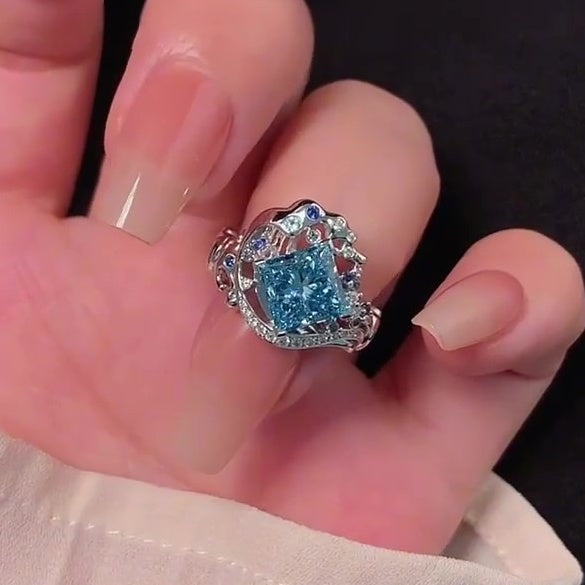 Jzora Handmade Aqua Blue Princess Cut Unique Ocean Wave Design Ring