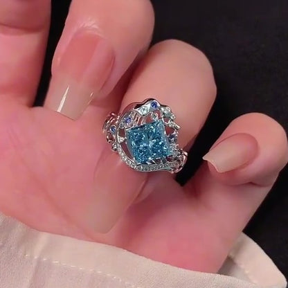 Jzora Handmade Aqua Blue Princess Cut Unique Ocean Wave Design Ring