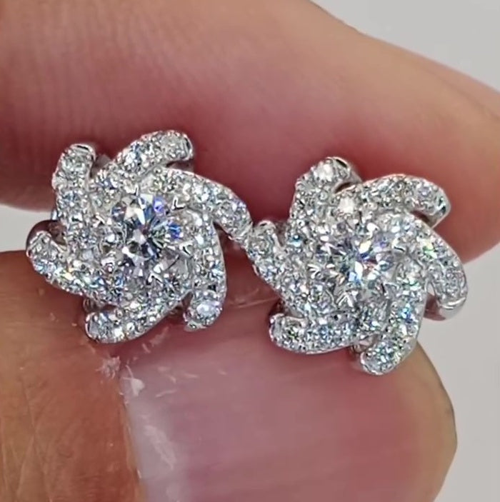 Jzora Handmade Spiral Flower Round Cut Moissanite Stud Earrings