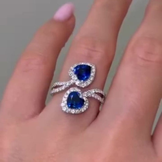 Jzora handmade elegant sapphire heart duo halo sterling silver ring