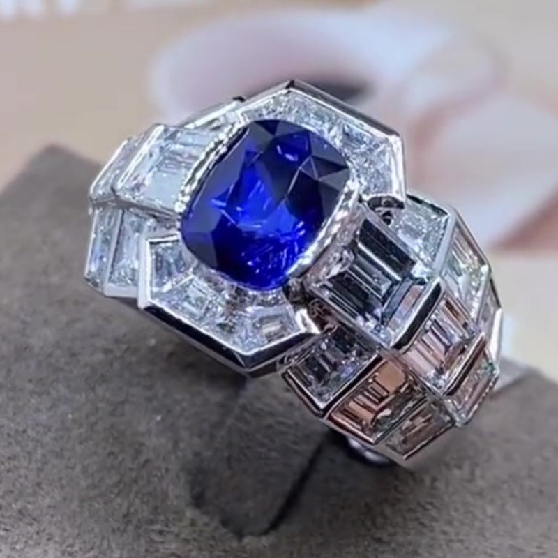 Jzora handmade luxury cushion cut blue sapphire & baguette cz men's ring