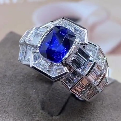 Jzora handmade luxury cushion cut blue sapphire & baguette cz men's ring