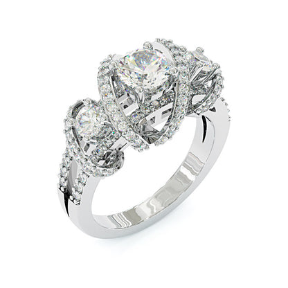 Jzora handmade round cut triple-stone crisscross pavé halo moissanite ring