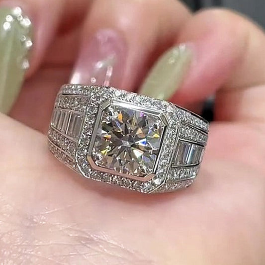 Jzora handmade bold round cut iced out baguette halo men's ring