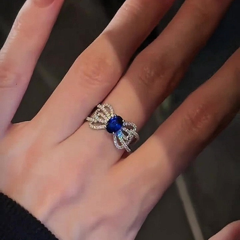 Jzora handmade feminine ribbon-inspired sapphire-tone bow pavé statement ring