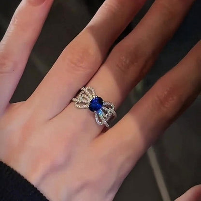 Jzora handmade feminine ribbon-inspired sapphire-tone bow pavé statement ring