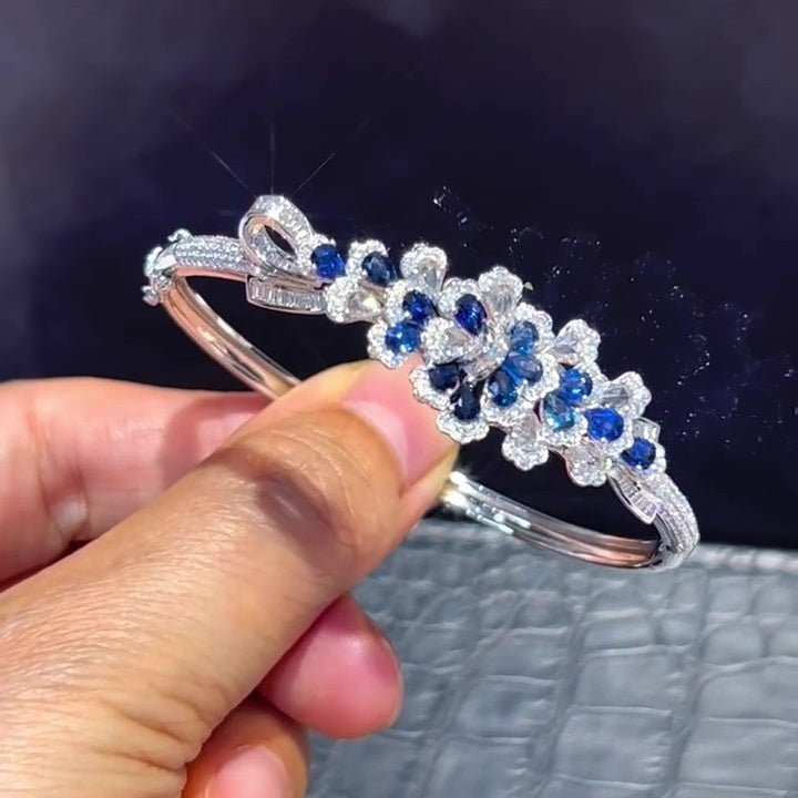 Jzora Handmade Sapphire CZ Floral Cuff Bangle Bracelet