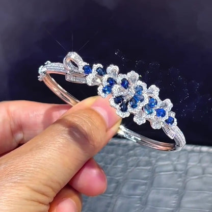 Jzora Handmade Sapphire CZ Floral Cuff Bangle Bracelet