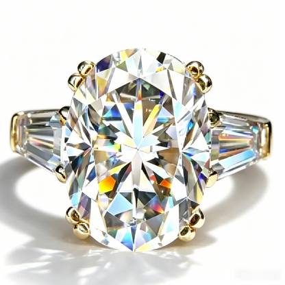 Jzora Handmade Classic Three Stone Oval D-Moissanite & Trapezoid Side Stone Engagement Ring