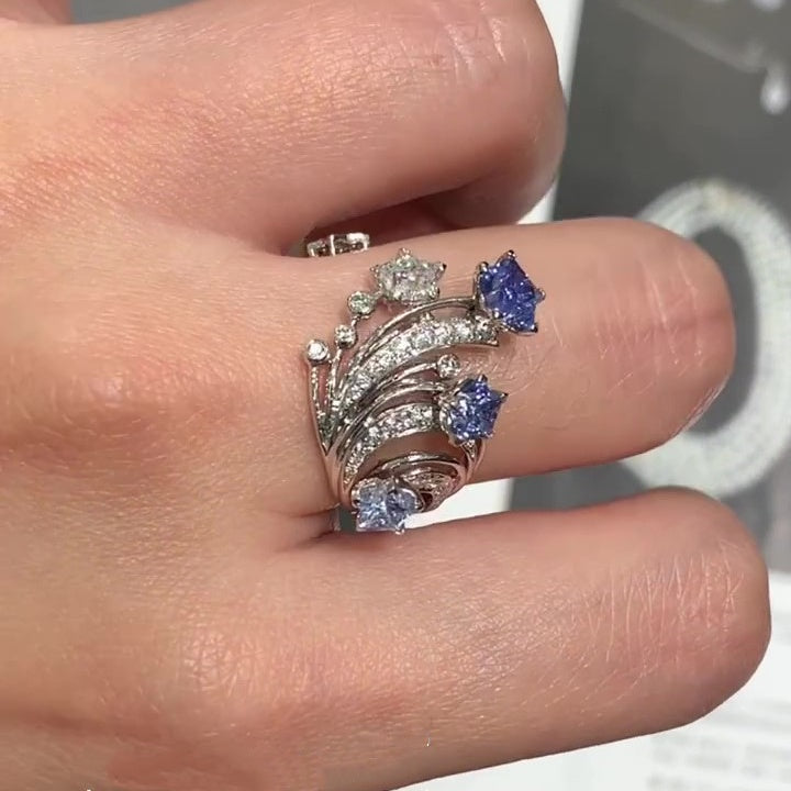 Jzora Handmade Curved Open Star-Shaped Blue Stone Ring