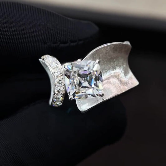 Jzora handmade eclipse wave cushion cut  polished & brushed texture open band moissanite sterling silver ring
