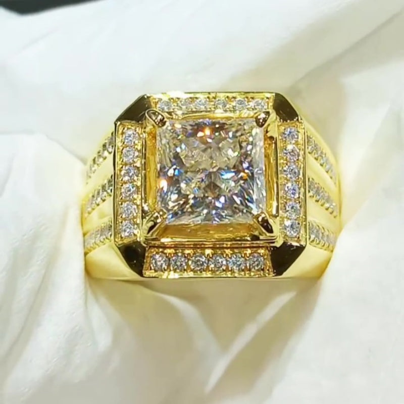 Jzora handmade luxury gold-tone princess cut halo sparkle wide band men's ring