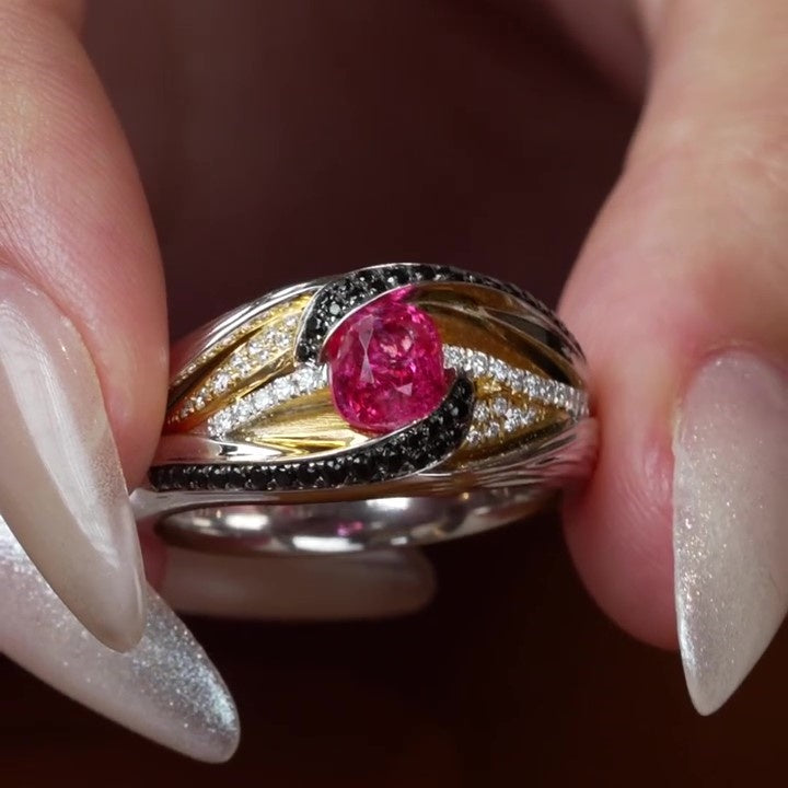 Jzora Handmade Ruby Cushion Cut with Black Unique Ring