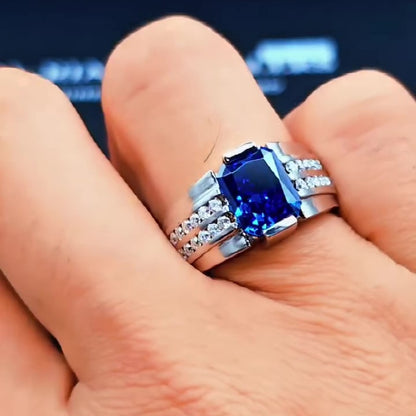 Jzora Handmade Fashion Sapphire CZ Radiant Cut Stylish Men's Ring