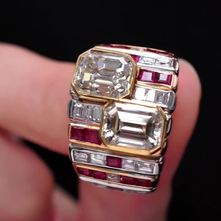 Jzora Handmade Ruby Emerald&Radiant Cut Glamorous Ring