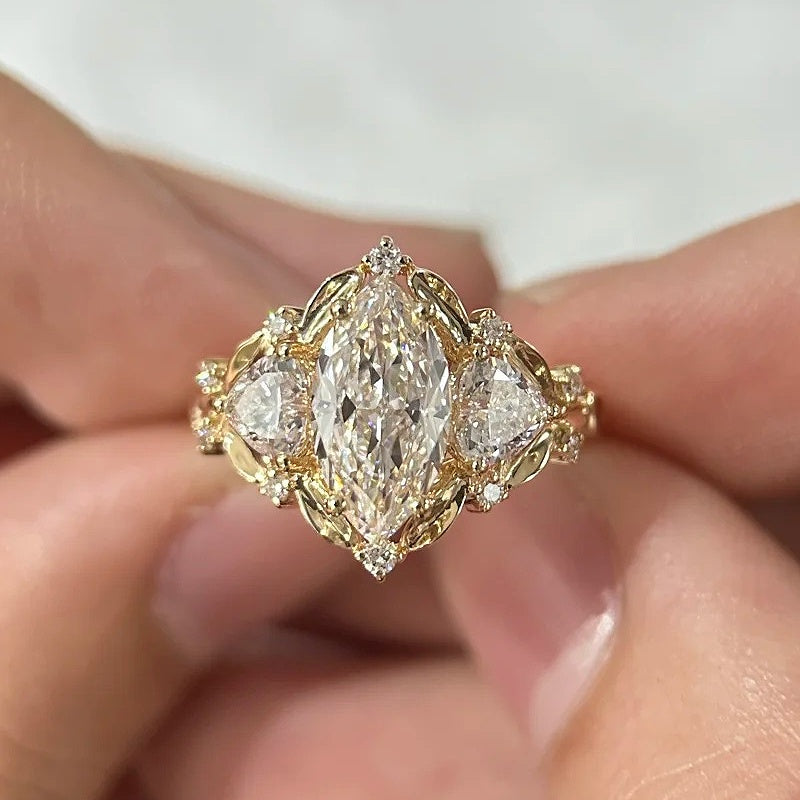 Jzora Handmade 1CT Marquise‑Cut Three‑Stone Vintage Filigree Luxe Sterling Silver Promise Ring