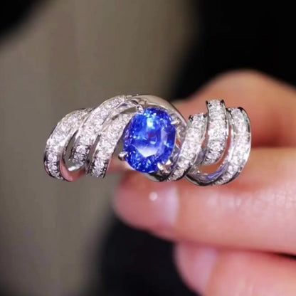Jzora handmade ocean blaze sapphire wave sterling silver ring