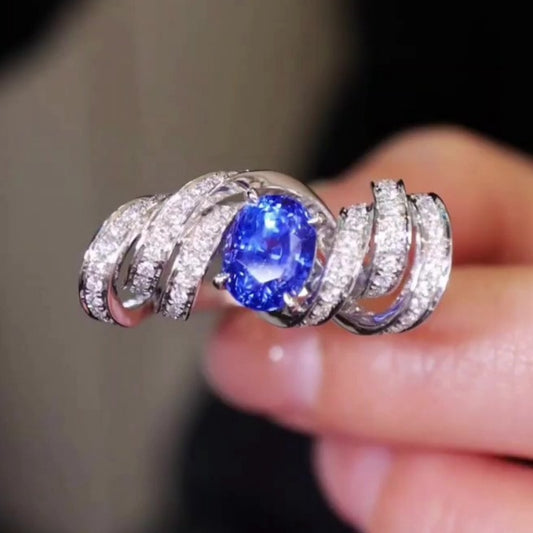 Jzora handmade ocean blaze sapphire wave sterling silver ring