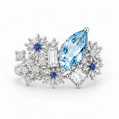 Jzora Handmade Aquamarine Marquise Cut Snowflake Floral Women’s Fashion Ring