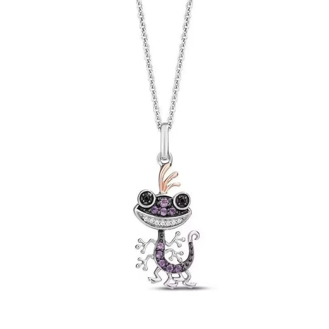 Jzora handmade whimsical gecko charm amethyst & sparkling accents sterling silver necklace
