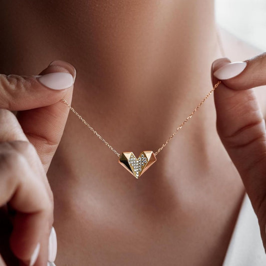 Jzora handmade rose gold origami heart sterling silver necklace