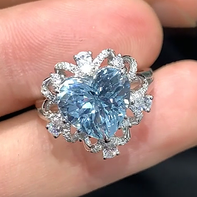 Jzora Handmade Dreamy Lace Halo Heart Cut Blue Moissanite Fashion Ring