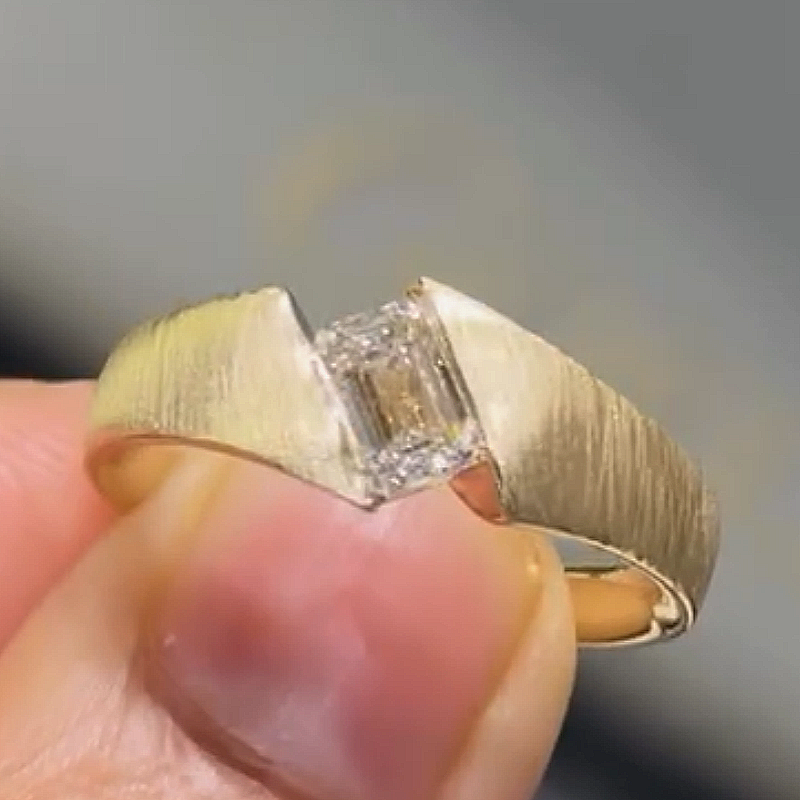 Jzora Handmade Modern Classic Emerald Cut Moissanite Brushed Gold Tone Men's Band Ring